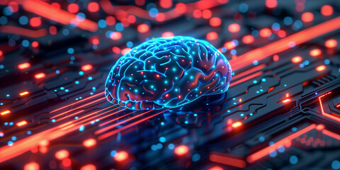 Wall Mural - illuminated cybernetic brain on circuit board with neon blue and red lights emphasizing advanced tec