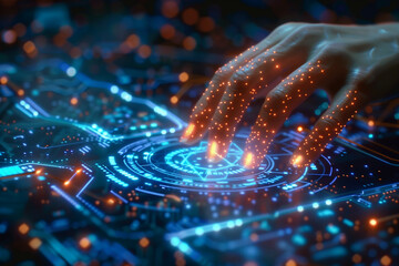 Wall Mural - a close-up of a human hand interacting with a futuristic digital interface with glowing blue element