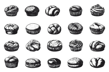 Wall Mural - Bread Buns Bakery Pastries Handcrafted Linocut Style Illustrations Icon Set Monochrome Stamps Baking Treats Black And White Prints Linocut Print Style