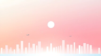 Fototapete - A serene sunset over a minimalist city skyline with flying objects, blending soft pink and white hues.