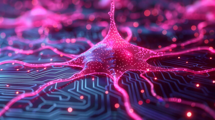 Wall Mural - a digital illustration of a neural network with vibrant pink connections on a dark circuit backgroun