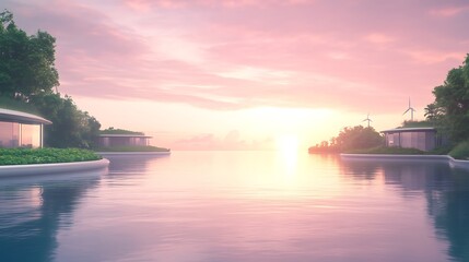 Poster - A serene sunset over tranquil waters, featuring modern villas amidst lush greenery, creating a peaceful escape.
