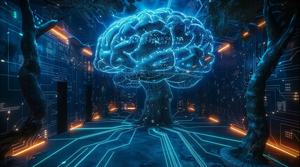 Wall Mural - spectacular digital representation of a human brain as a tree illuminated by neon lights in a futuri