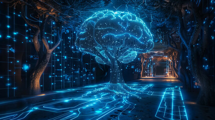 Wall Mural - futuristic digital forest with glowing neurological tree and interactive ground pathways