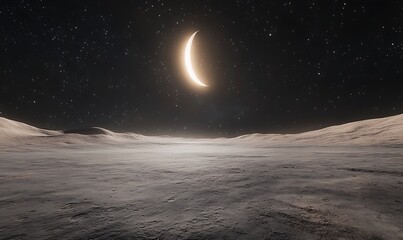 Poster - A serene lunar landscape under a starry sky, featuring a crescent moon casting a soft glow over the barren surface.