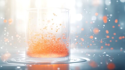 Fototapete - A luminous glass containing vibrant orange particles, illuminated by soft light, creating a mesmerizing, ethereal effect.