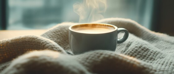 Soft light over coffee on blanket in warm cozy room natural tones