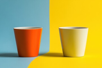 Poster - Colorful potted plants in bright blue and yellow setting with orange and white pots