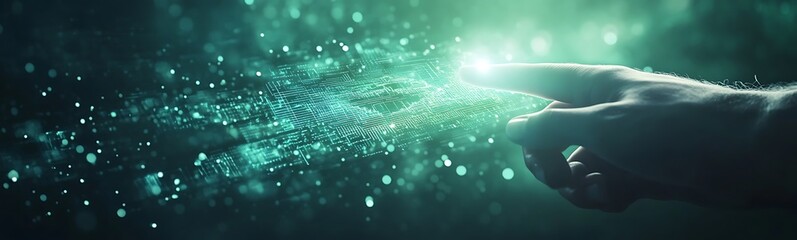 Leinwandbilder - A glowing hand reaches towards a vibrant, digital landscape, symbolizing the intersection of technology and human connection.
