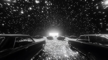 Poster - A surreal scene of vintage cars facing a bright light in a starry, cosmic environment, creating a dreamlike, otherworldly atmosphere.
