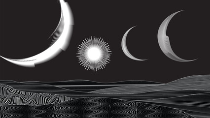 Wall Mural - star and moon in outer space. futuristic landscape, with lines texture . space landscape with moon a