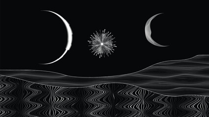 Wall Mural - star and moon in outer space. futuristic landscape, with lines texture . space landscape with moon a