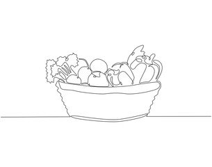 Wall Mural - Continuous one line drawing of fresh vegetables in basket. One line drawing illustration of different vegetable in basket. Daily food concept single line. Editable outline