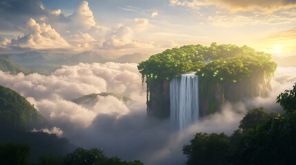 Poster - A breathtaking landscape featuring a majestic waterfall cascading from a lush green island above the clouds, illuminated by a warm sunrise.