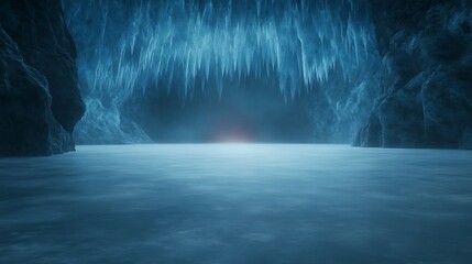 Aufkleber - A serene, icy cave scene with crystalline formations hanging overhead and a tranquil water surface reflecting soft light.