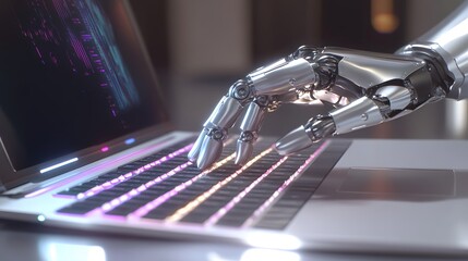 Robotic hand using a glowing laptop keyboard