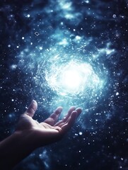Aufkleber - A hand reaches toward a swirling galaxy, surrounded by stars and cosmic dust, symbolizing wonder and the quest for knowledge.