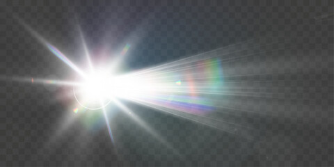 Wall Mural - bright white light explosion with lens flare, rainbow reflections, and sparkles on transparent backg