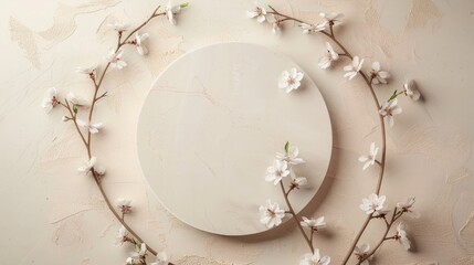 Wall Mural - A white, round podium with delicate cherry blossoms