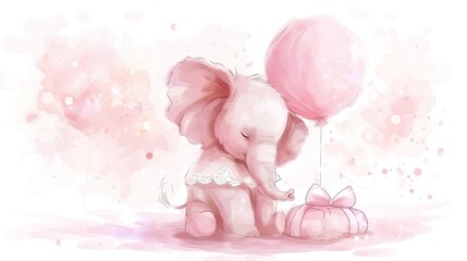 Wall Mural - A cute baby elephant holding a balloon