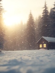 Poster - A cozy cabin in a snowy forest, illuminated by sunlight, creating a warm and inviting winter scene.