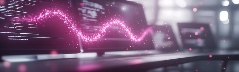 Leinwandbilder - A futuristic setup featuring glowing data visualizations on computer screens, showcasing technology and digital innovation.