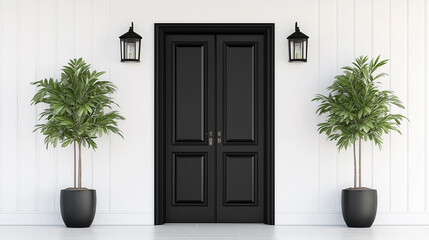 Poster - Black double door entrance with plants and lamps illuminating white wall