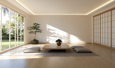 Poster - A serene, minimalist room featuring a low table, cushions, and a small plant, with large windows inviting natural light.