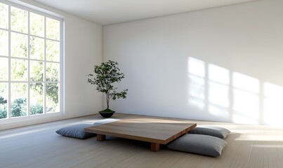 Poster - A minimalist room featuring a wooden table, floor cushions, and a potted plant, illuminated by natural light from large windows.