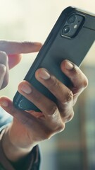 Poster - Social media, business and hands scroll with smartphone for internet, communication and app. Contact, chat and person with phone for email, online conversation and networking with message at work