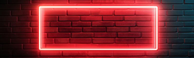 Poster - Red neon light frame on a brick wall illuminating background