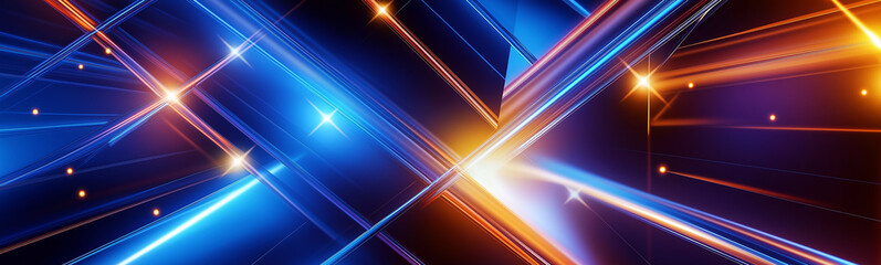 Poster - Abstract orange and blue lines crossing with sparkling stars on black background