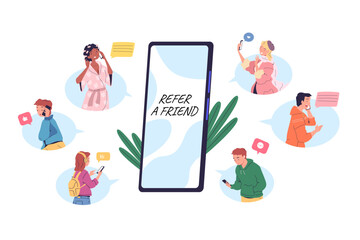 refer friend concept. smartphone mobile app loyalty referral program concept, earn money to invite p