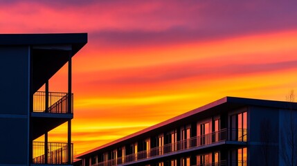 Wall Mural - sunset over modern buildings with colorful sky, highlighting architectural silhouettes and tranquili