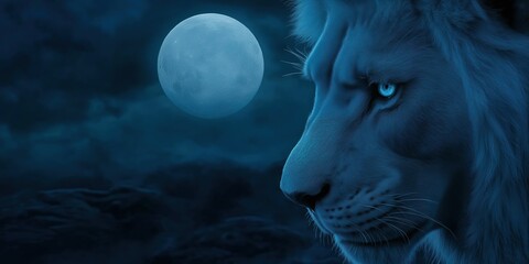 Wall Mural - Blue lion with a blue eye stares at the moon