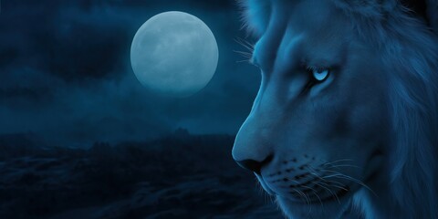 Wall Mural - Lion with a blue face is staring at the moon