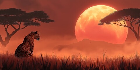 Wall Mural - Leopard is standing in the grass in front of a large orange moon