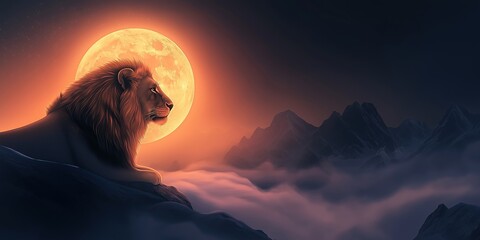 Wall Mural - Lion is laying on a mountain top next to a full moon