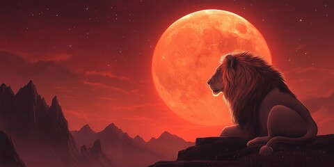 Wall Mural - Lion is sitting on a rock in front of a large red moon