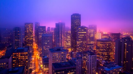 Wall Mural - a vibrant city skyline at dusk, illuminated by colorful light amidst a foggy atmosphere
