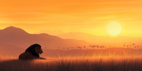 Wall Mural - Lion is laying in the grass in front of a sunset