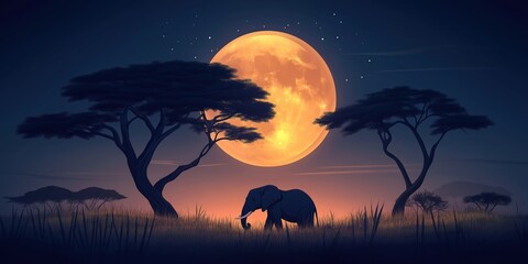 Wall Mural - Large elephant is walking through a field of tall grass