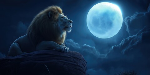 Wall Mural - Lion is sitting on a rock in front of a full moon