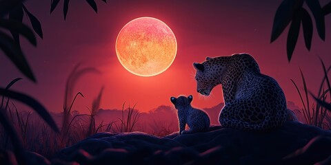 Wall Mural - Mother and baby leopard are sitting on a rock in front of a large red moon