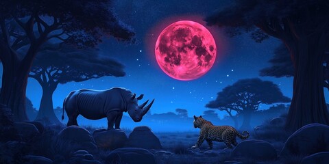 Wall Mural - Rhino and a cat are walking in a forest at night