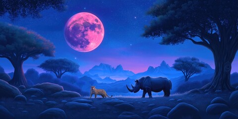 Wall Mural - Large pink moon hangs in the sky above a forest