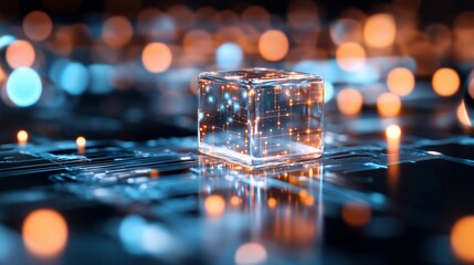 Data cube glows, circuit background. Tech innovation concept