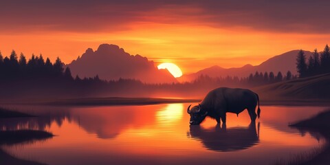 Wall Mural - Buffalo is drinking from a lake at sunset