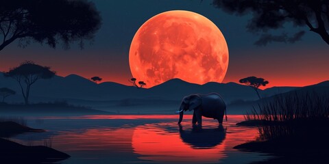 Wall Mural - Large elephant is walking across a river in front of a red moon