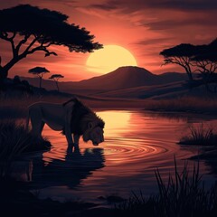 Wall Mural - Lion is drinking water from a river in a savanna